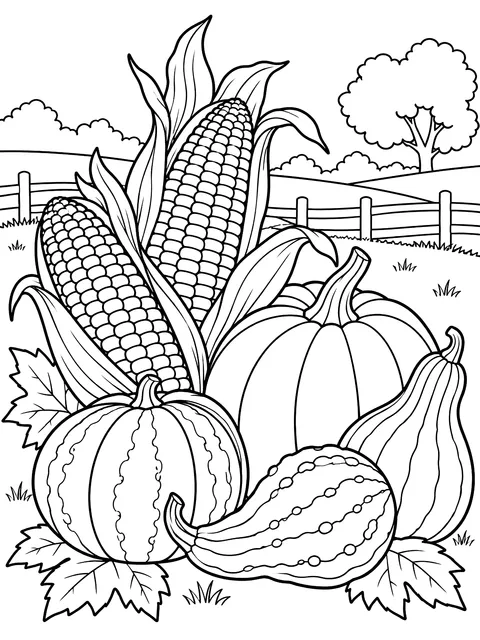 Ears of corn and gourds coloring page
