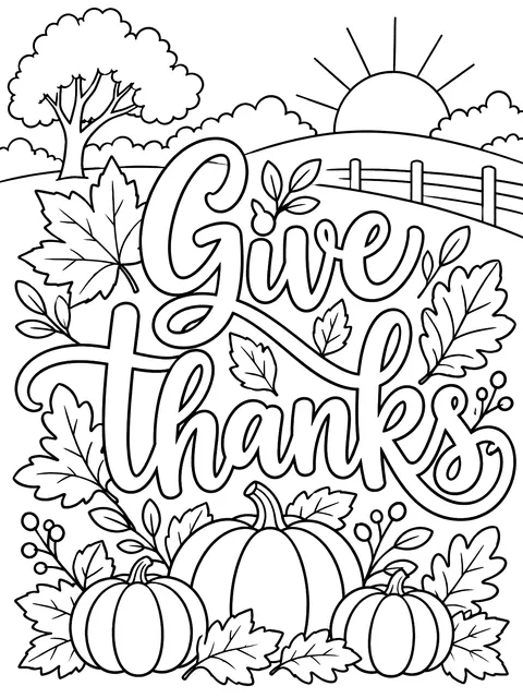 Give thanks lettering with leaves coloring page
