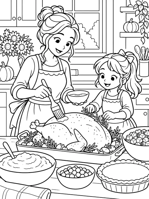 Parent and child cooking Thanksgiving dinner coloring page