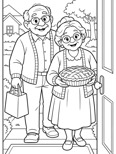 Grandparents arriving at the door with a pie coloring page
