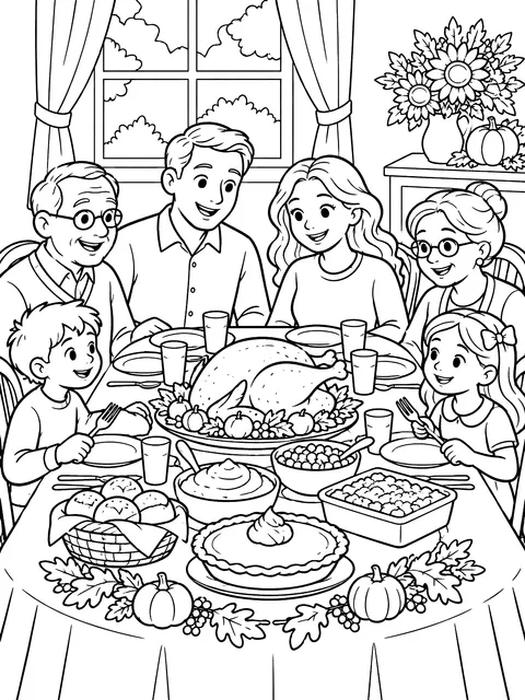 Family around the Thanksgiving table coloring page