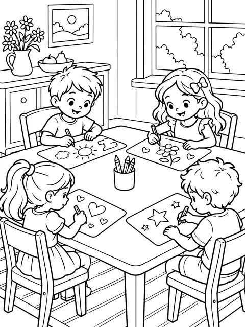 The kids' table with paper placemats coloring page