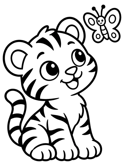 Easy Baby tiger with a butterfly coloring page