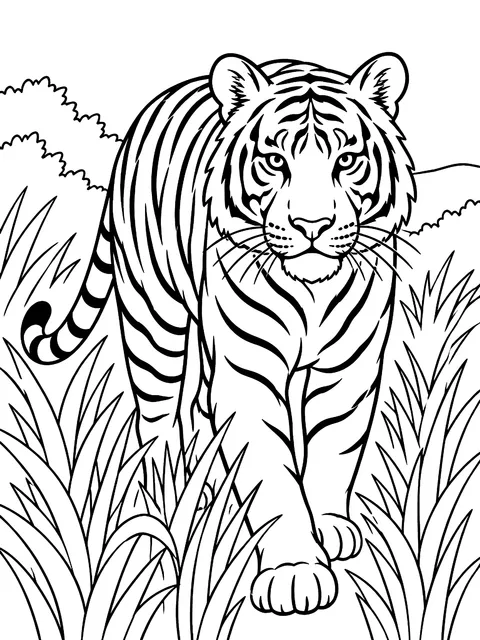 Bengal tiger walking through tall grass coloring page