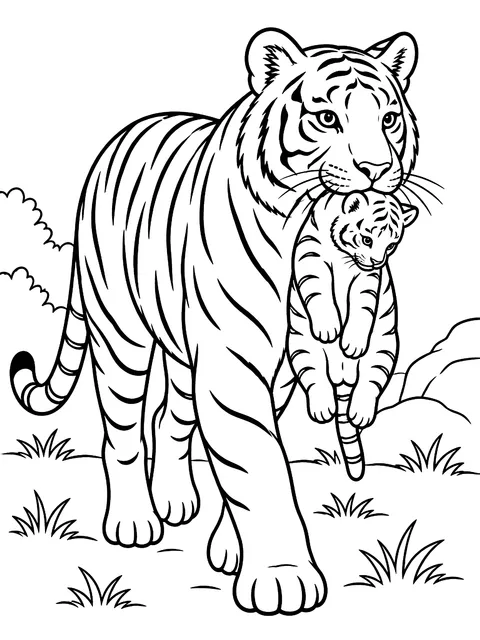 Mother tiger carrying her cub coloring page
