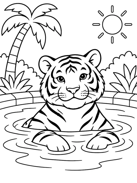 Tiger cooling off in a pool coloring page