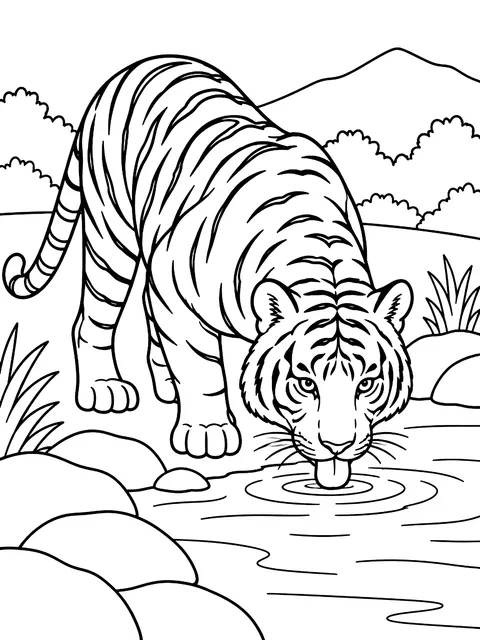 Tiger drinking at a river coloring page