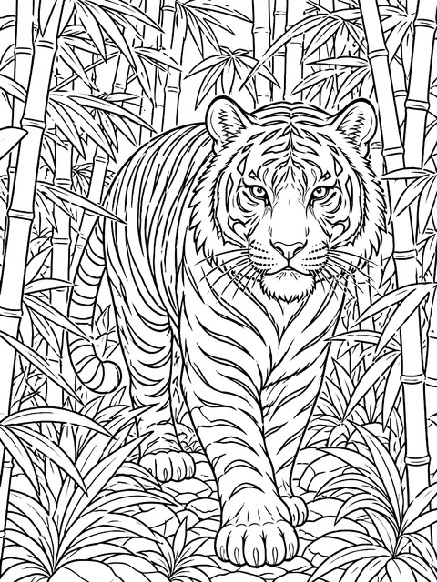 Detailed Tiger in a bamboo thicket coloring page