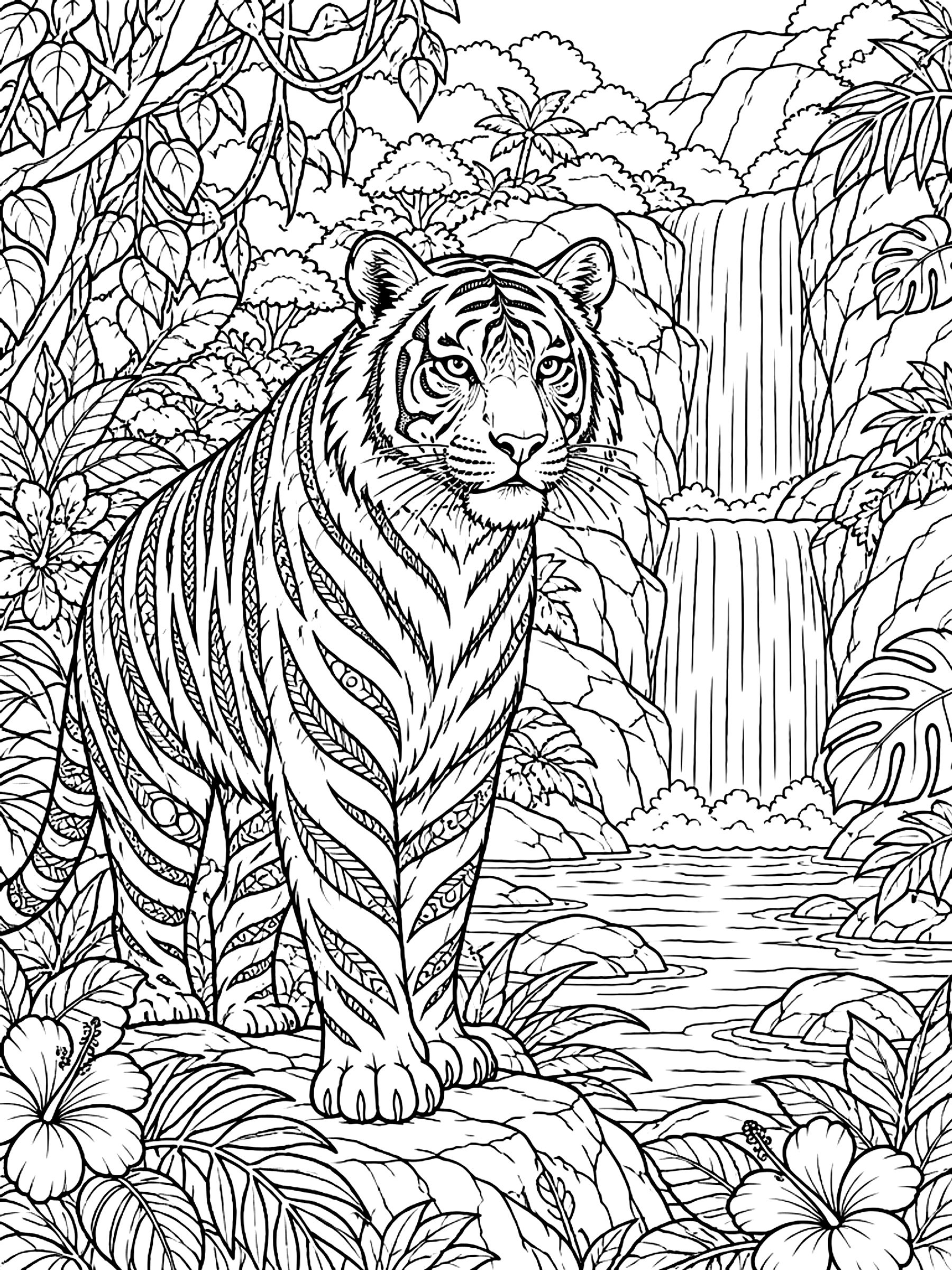 Detailed Tiger beside a jungle waterfall coloring page