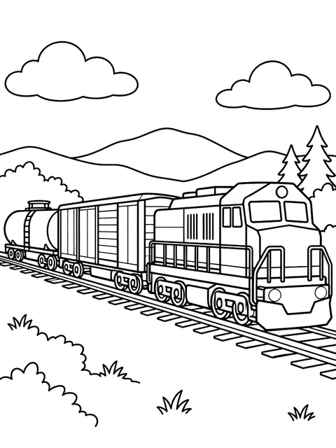 Freight train with boxcars and a tank car coloring page