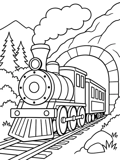 Train coming out of a tunnel coloring page
