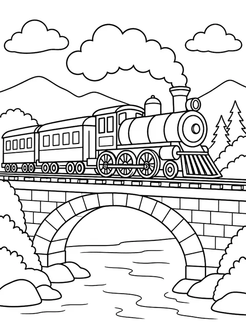 Steam train crossing a bridge coloring page