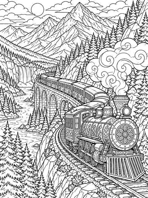 Detailed Train winding through the mountains coloring page