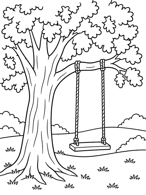 Oak tree with a swing coloring page