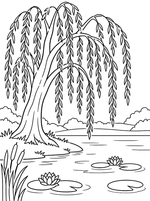 Weeping willow by a pond coloring page
