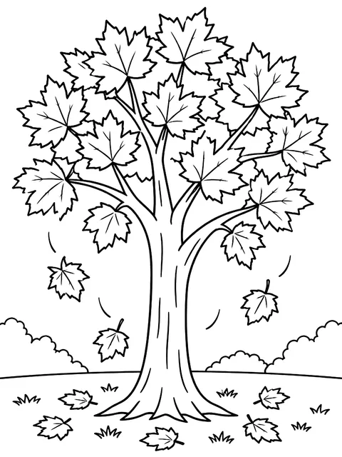 Maple tree with falling leaves coloring page