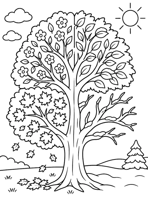 One tree in four seasons coloring page