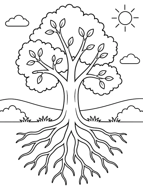 Tree with roots shown underground coloring page