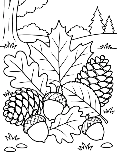 Leaves, acorns and pinecones coloring page