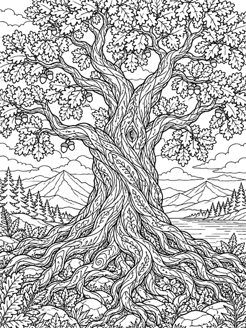 Detailed Old oak with twisting roots coloring page