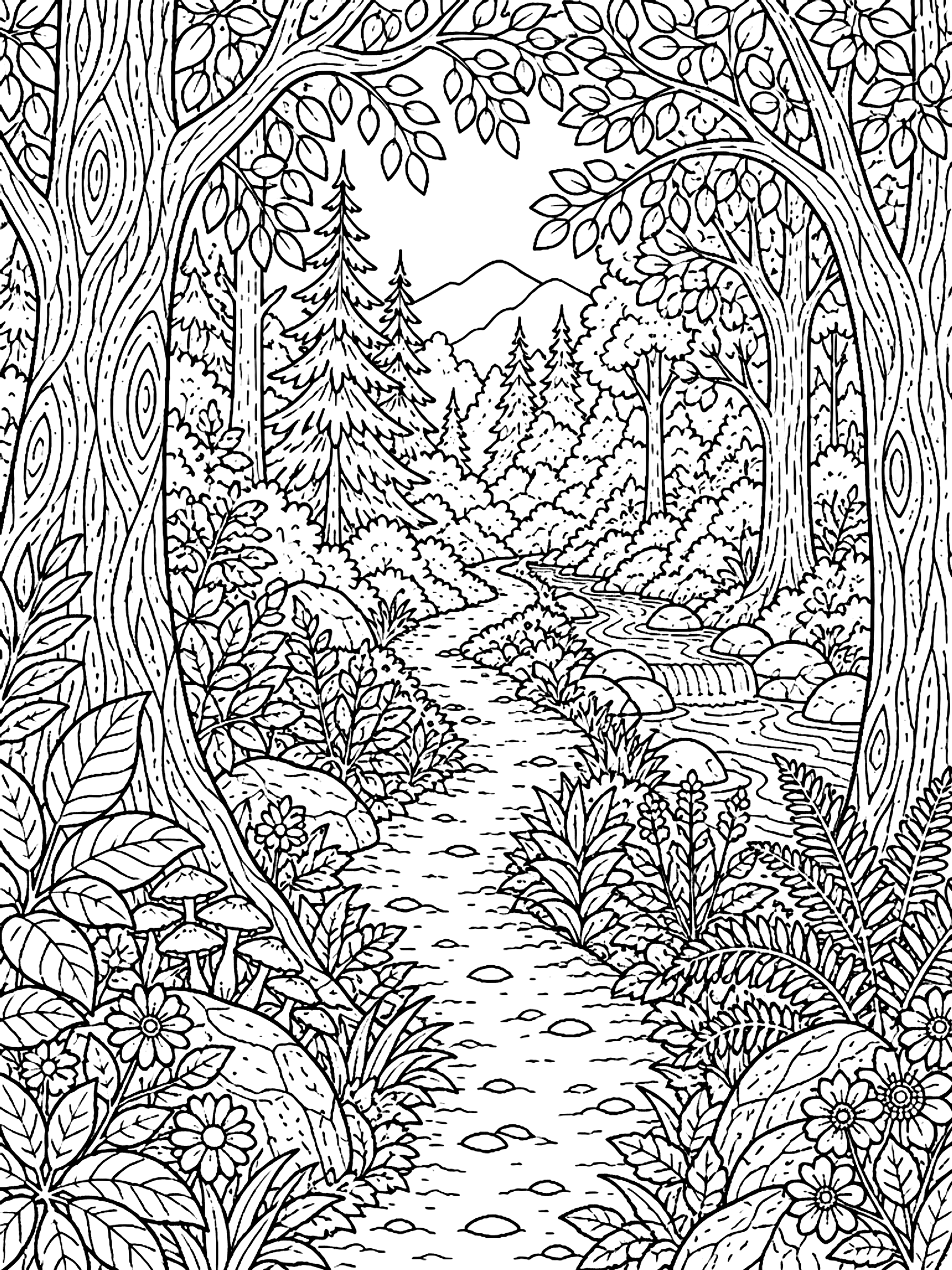 Detailed Path through a forest coloring page