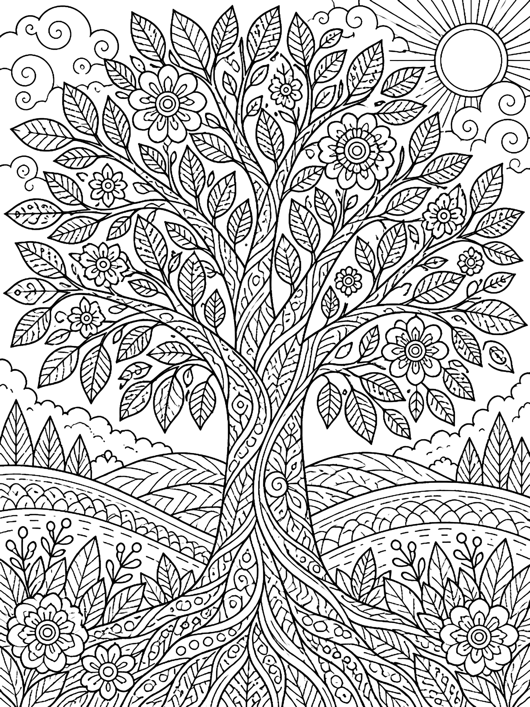 Detailed Tree filled with patterns coloring page