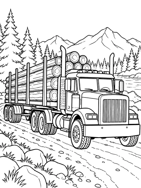 Logging truck carrying logs coloring page