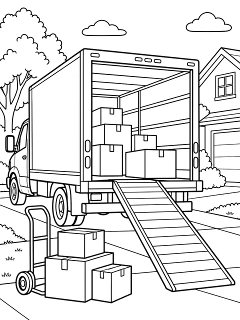 Moving truck with boxes and a ramp coloring page