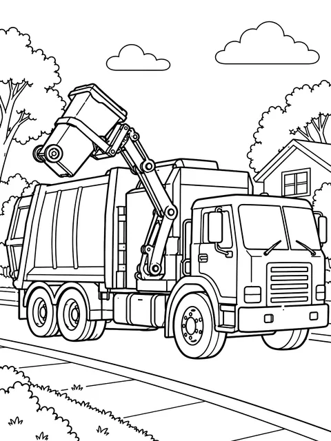 Garbage truck lifting a bin coloring page