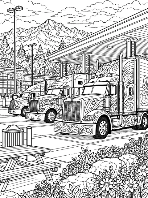 Detailed Trucks parked at a truck stop coloring page