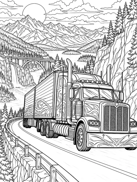 Detailed Semi truck on a mountain highway coloring page