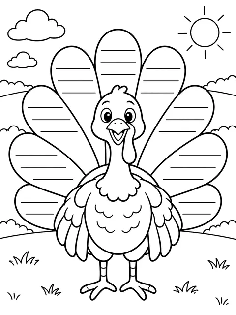 Turkey with lines on each feather for writing coloring page