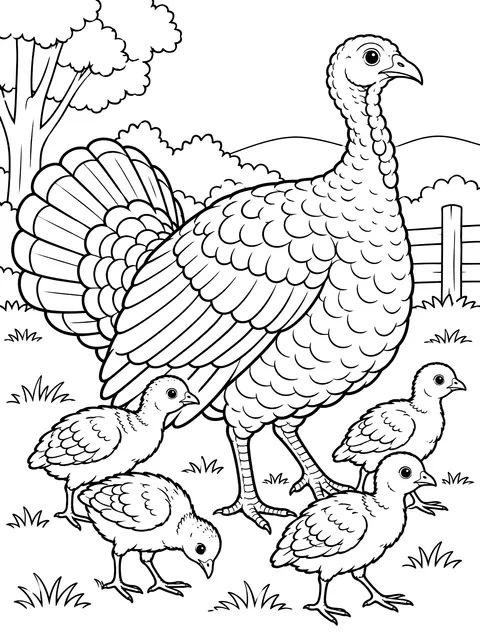 Turkey hen with her poults coloring page