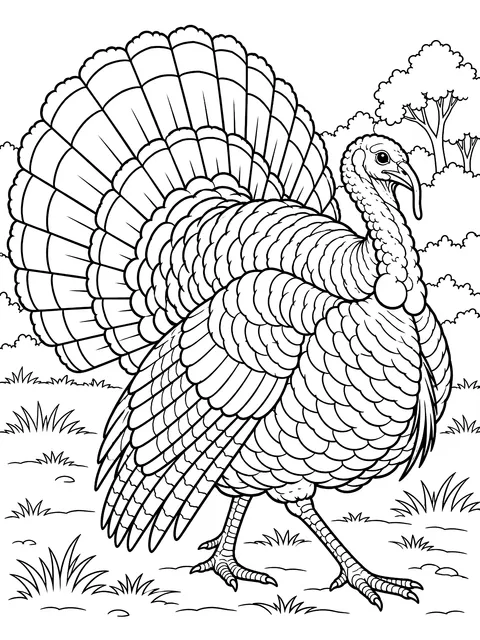Wild turkey strutting coloring page