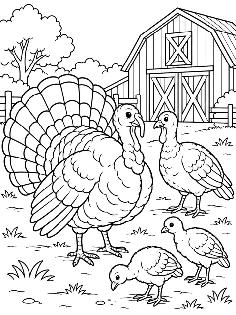 Turkeys outside a barn coloring page