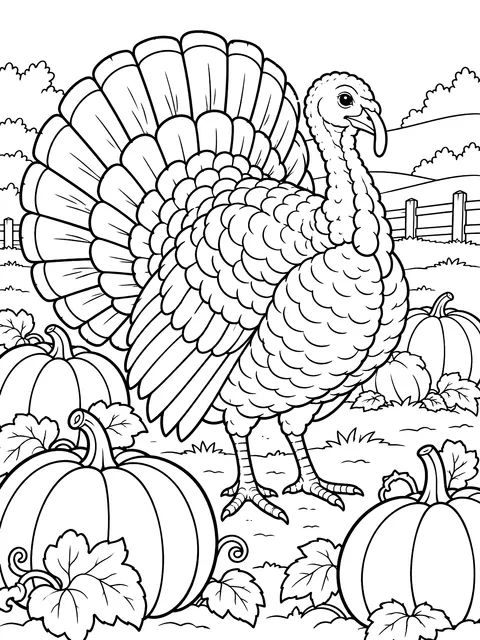 Turkey among pumpkins coloring page