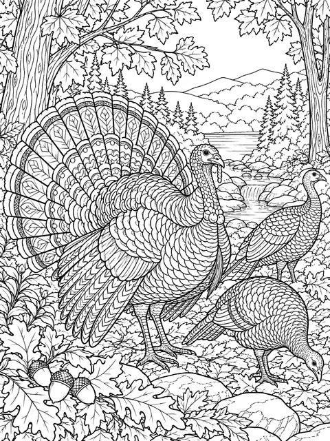 Detailed Wild turkeys in an autumn forest coloring page