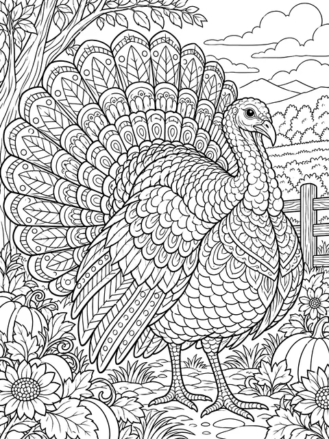 Detailed Turkey with patterned feathers coloring page