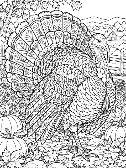Detailed Realistic turkey with detailed feathers coloring page