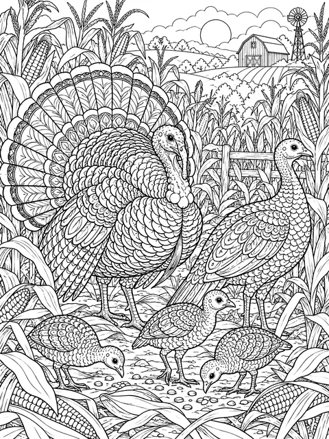 Detailed Turkey family in a corn field coloring page