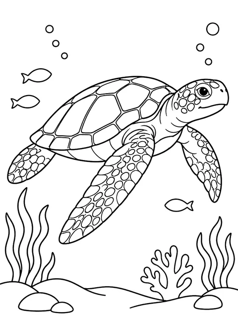 Green sea turtle gliding coloring page
