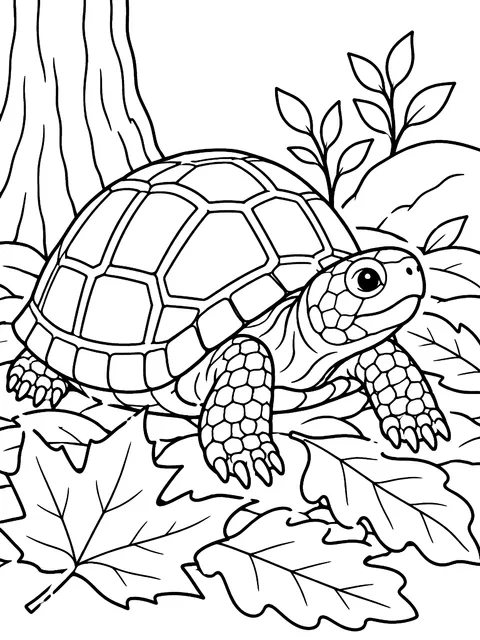 Box turtle in fallen leaves coloring page