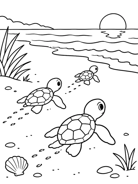 Hatchlings crawling to the ocean coloring page