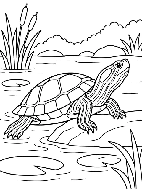Red-eared slider in a pond coloring page