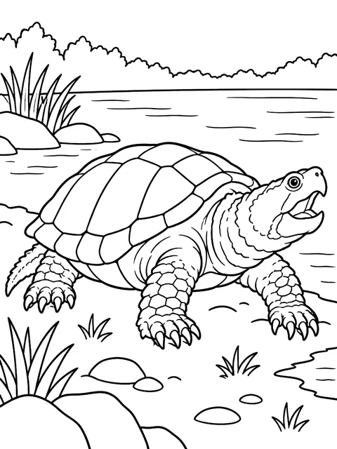 Snapping turtle on a riverbank coloring page
