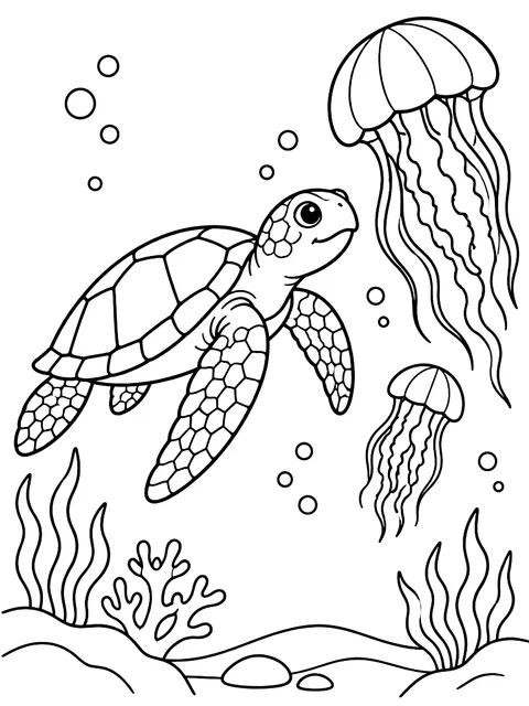 Sea turtle near jellyfish coloring page