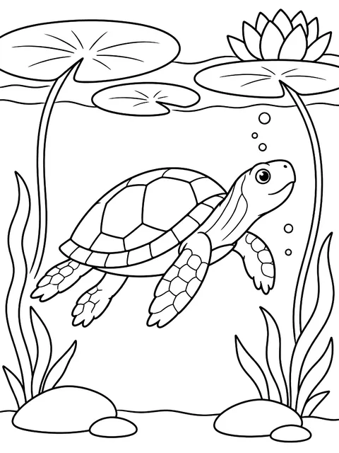 Turtle swimming under lily pads coloring page