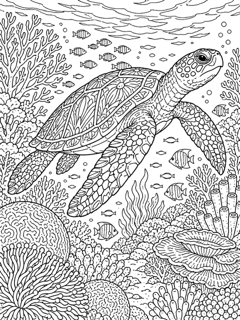 Detailed Sea turtle over a coral reef coloring page