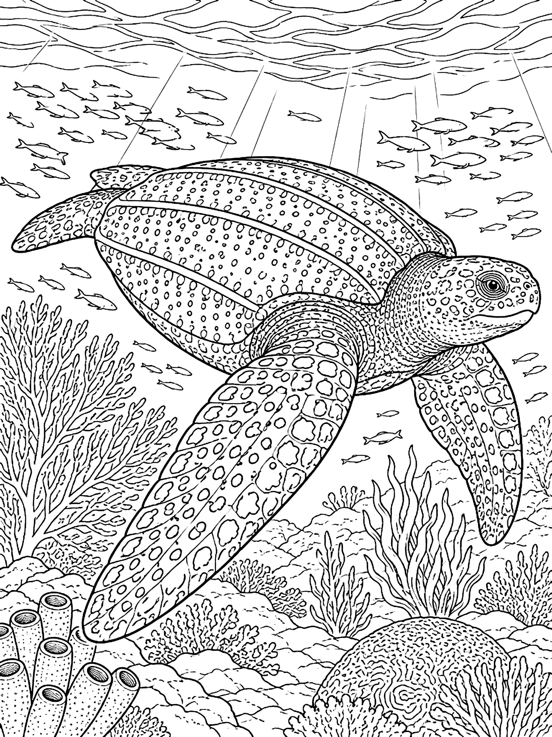 Detailed Realistic leatherback turtle coloring page