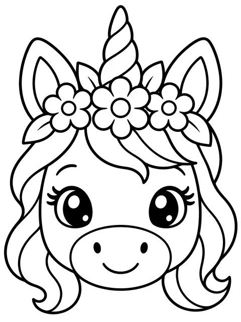 Easy Unicorn face with a flower crown coloring page